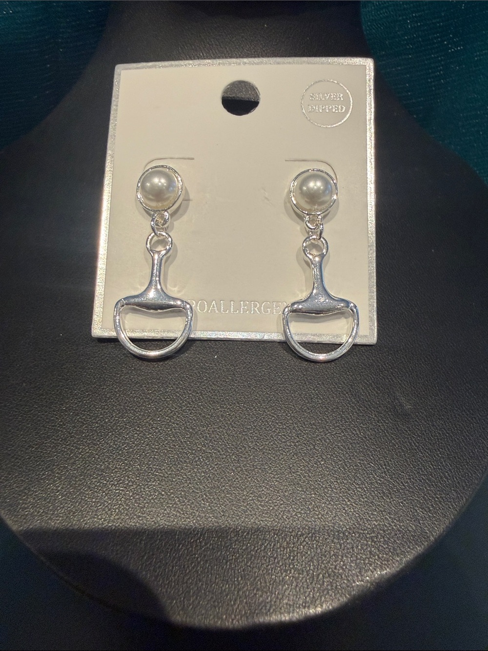 Pearl Top Silver Dangle Horse Bit Earrings Hypoallergenic